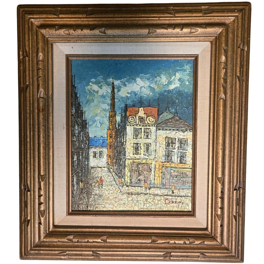 Signed Impasto Textured Oil Painting Mid Century European Street Scene Vintage
